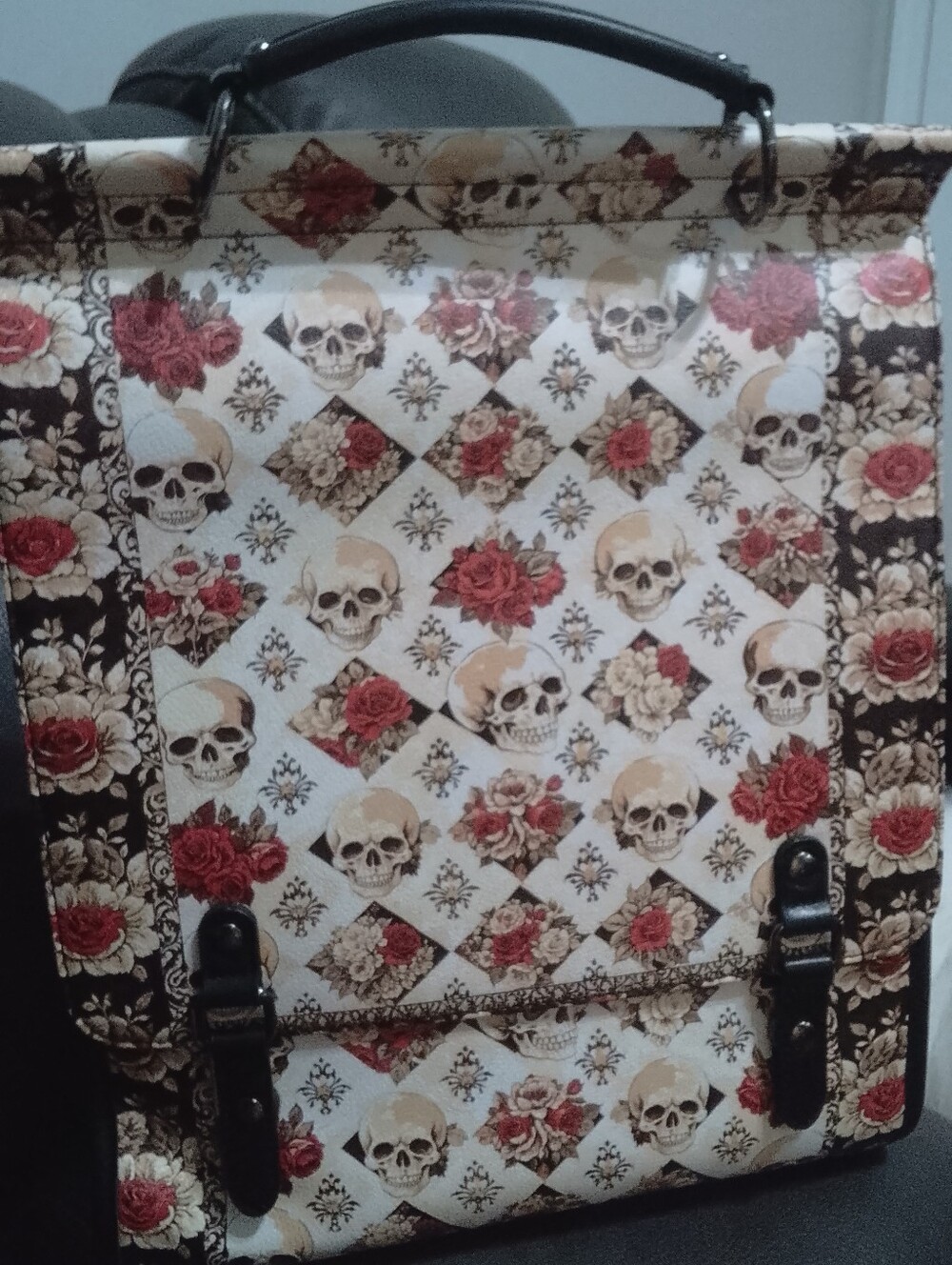 Skull & Rose Pattern Backpack in Cream, Red, Brown